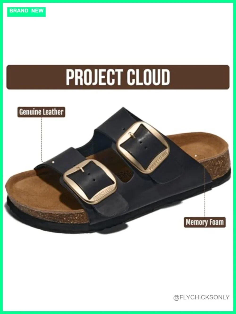 100% Genuine Leather Slide Sandals with Memory Foam Cork Footbed